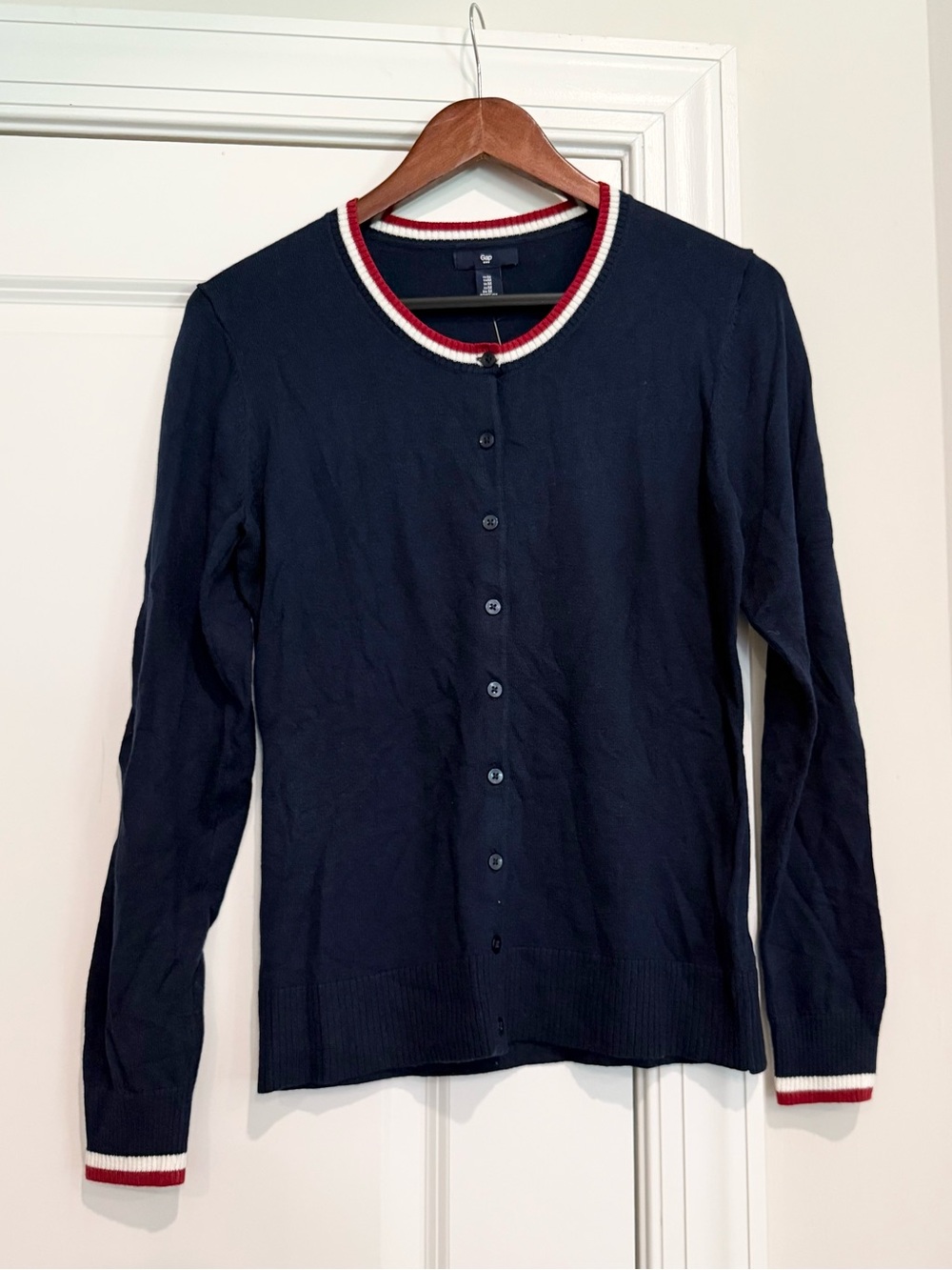 NWT GAP Navy Button-Front Cardigan with Red and White Trim